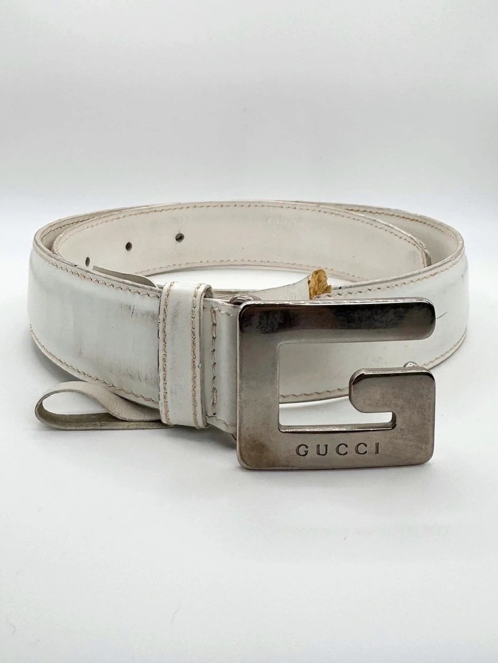 Gucci White Leather Belt Silver-Tone Buckle